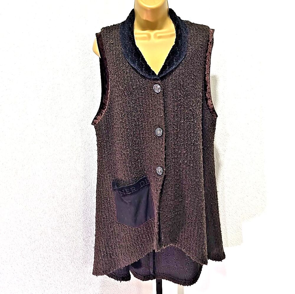 Staley Gretzinger Brown Long Cardigan Vest L Velvet Trim Artsy Lagenlook 80s USA